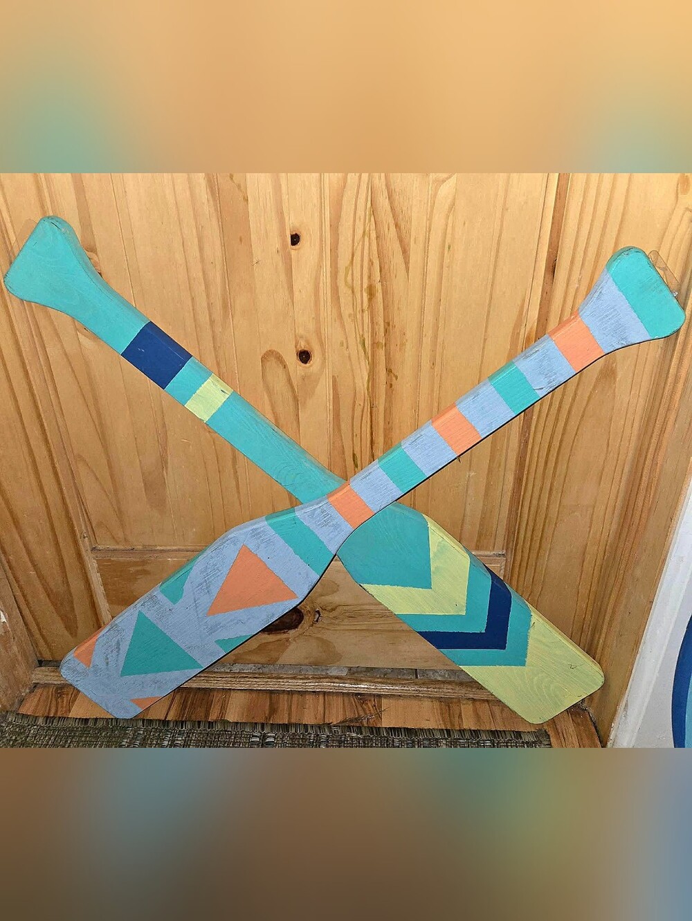 Hand-Painted Decorative Wooden Oars in Teal, Coral, Yellow & Navy